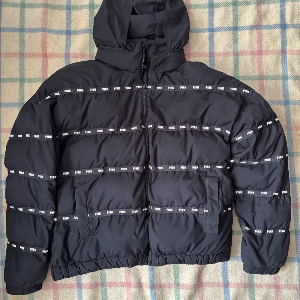 PINK Victoria's Secret Black Puffer Jacket with Pink Logo Ribbon 🎀 Bomber Jacket